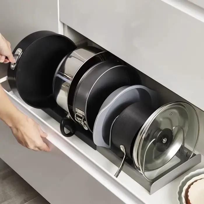 Rangement extensible en acier inoxydable T1, support d'armoire de cuisine pour casserole, couvercle