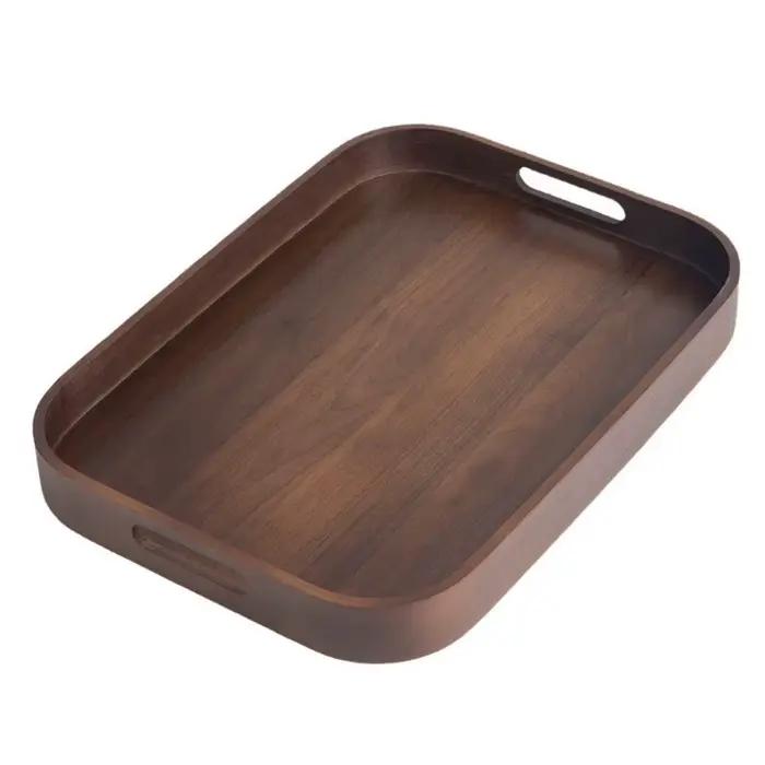 Plateau à thé rectangulaire en noyer, poli, avec poignée ajourée, pour le petit-déjeuner, plateau de