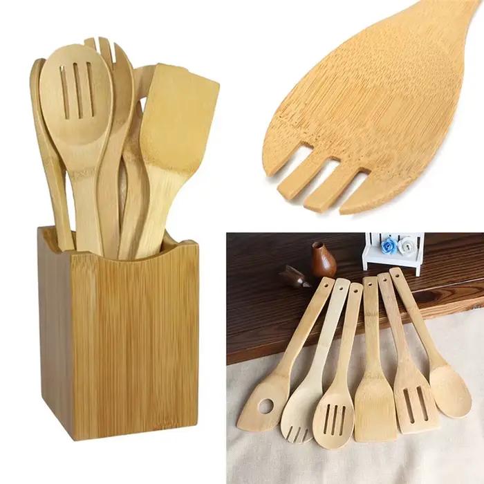 Cuillère en bambou, spatule, ustensile de cuisine, outil de cuisine en bois, ensemble de mélange 6 p