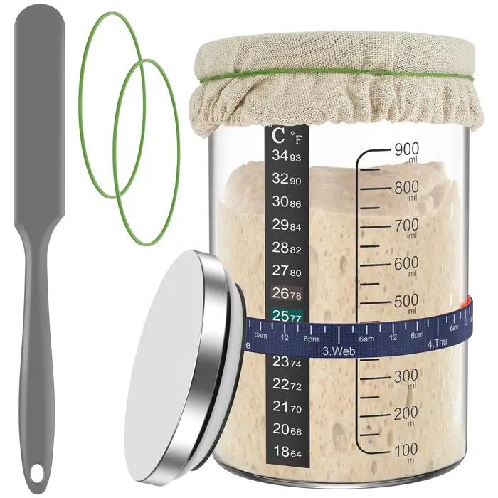 Pot à levain 900 ml, récipient à levain avec spatule et bande d'alimentation, pot de fermentation en