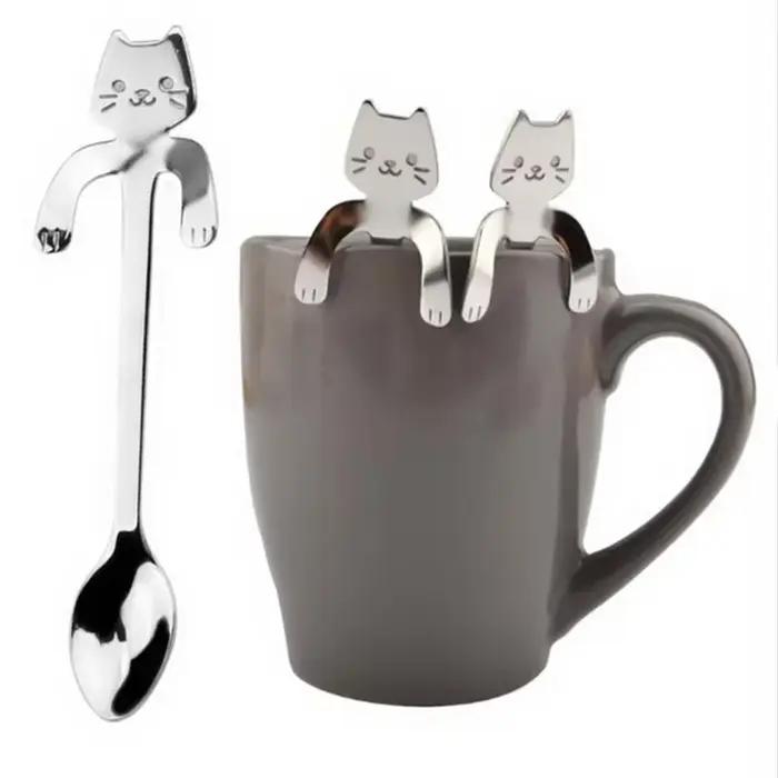 Cuillère à café en acier inoxydable, joli cuillère à café en forme de chat mignon, cuillère à Desser