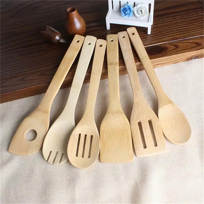 Cuillère en bambou, spatule, ustensile de cuisine, outil de cuisine en bois, ensemble de mélange 6 p