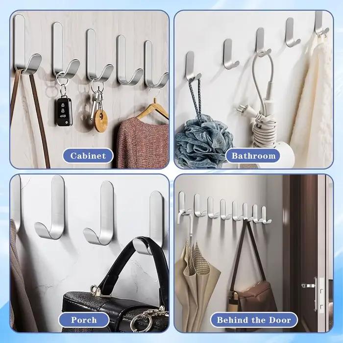 2/10 pièces crochets adhésifs métal acier inoxydable crochets muraux utilitaire J crochet porte-clés