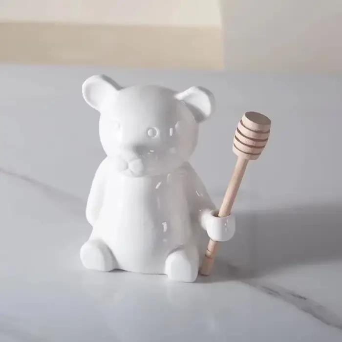 Pot à miel ours mignon en céramique avec couvercle, pot de stockage de bonbons pour la cuisine, cuil
