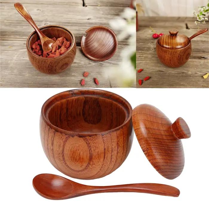 Pot à épices en bois Sucrier, Salière Belle Boîte d'assaisonnement avec cuillère et couvercle, Outil