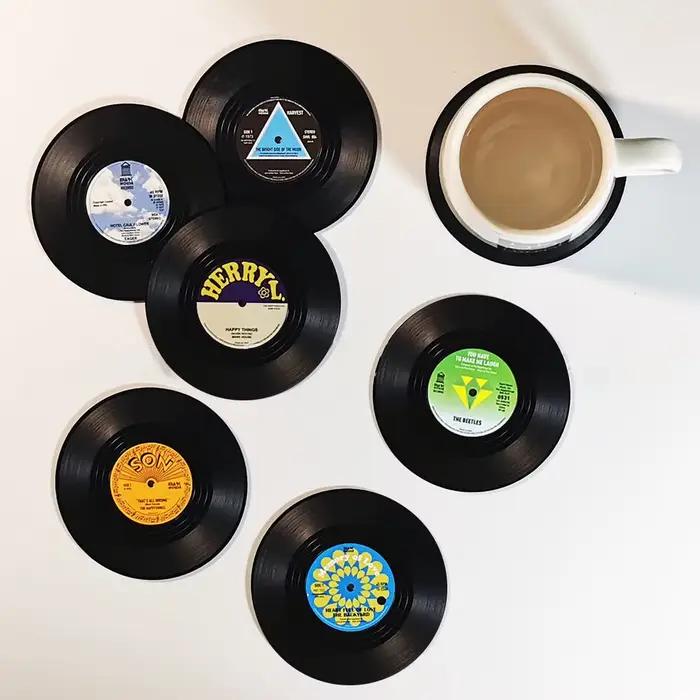 Ensemble de 6 sous-verres en vinyle pour boissons, sous-verres de musique avec support pour lecteur