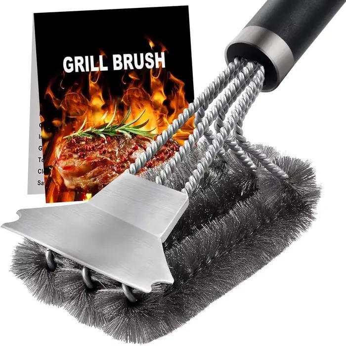 Brosse et grattoir de gril sûrs, brosse de nettoyage de barbecue à poignée avec poils en acier inoxy