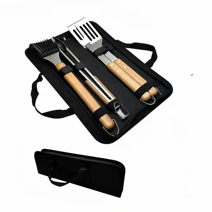 Ensemble d'outils de Barbecue en acier inoxydable, 4 pièces, pour barbecue en plein air, manche en b
