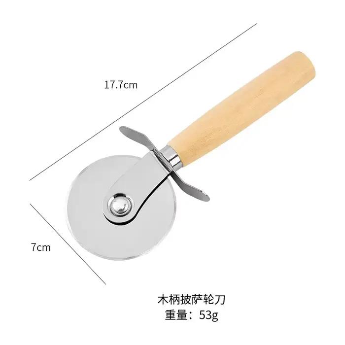 Couteau à pizza en acier inoxydable, couteau à crêpes à roue unique, couteau rond, manche en bois, o