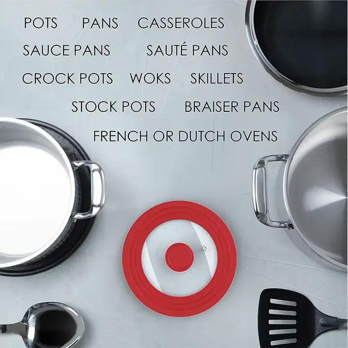 Couvercle de casserole multifonctionnel en verre trempé PGY avec rebord en silicone, poignée anti-ch