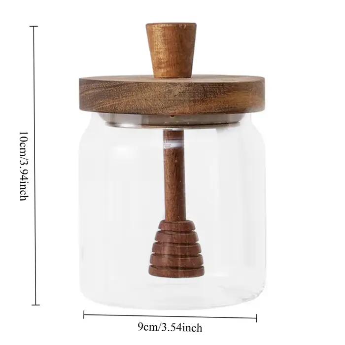 Pot à miel en verre borosilicate de haute qualité avec couvercle en bois massif et bâtonnet mélangeu
