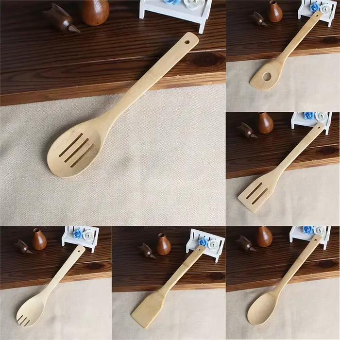 Cuillère en bambou, spatule, ustensile de cuisine, outil de cuisine en bois, ensemble de mélange 6 p