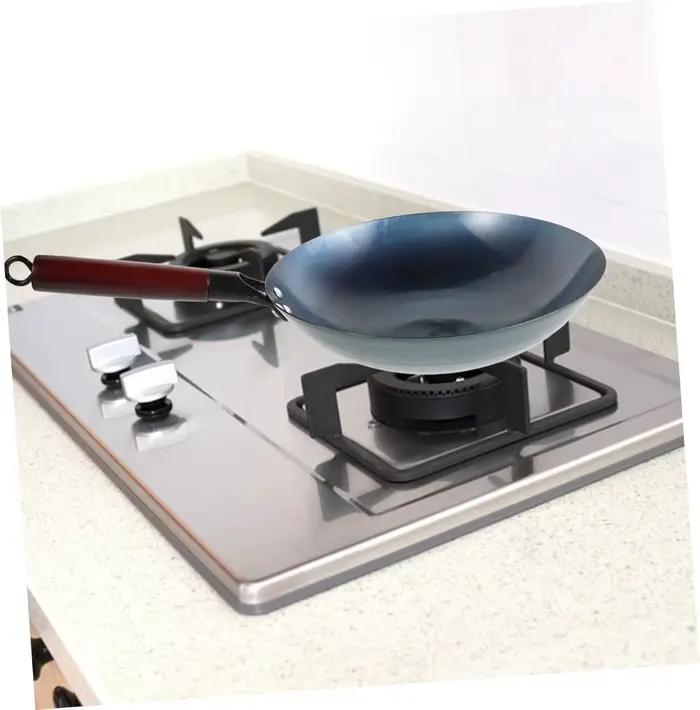 Wok en fer Pot en fer poêle domestique traditionnelle forgée à la main sans revêtement manche en boi