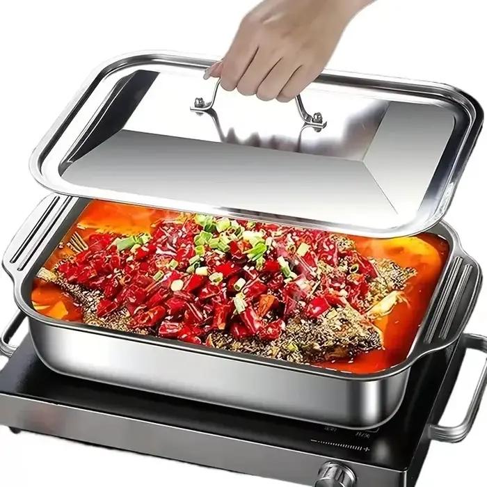Poêle de cuisson profonde en acier inoxydable avec couvercles, casseroles rectangulaires multifoncti
