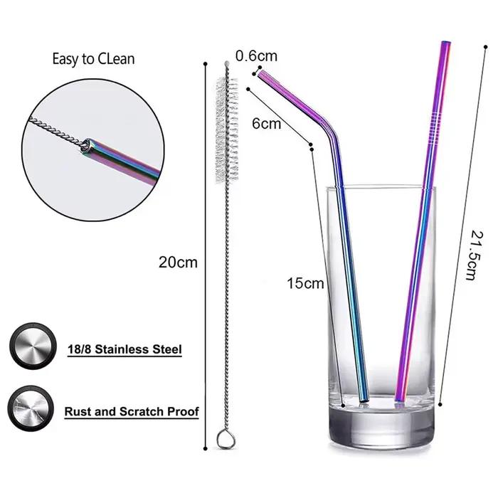 Pailles à boire en métal réutilisables en acier inoxydable 304, 1 pièce, avec brosse de nettoyage, p