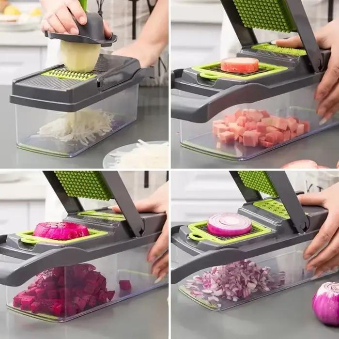 Hachoir à Légumes Multifonctionnel avec Poignée, Râpe Alimentaire, Trancheur, D479, Coupe 14/16 en 1