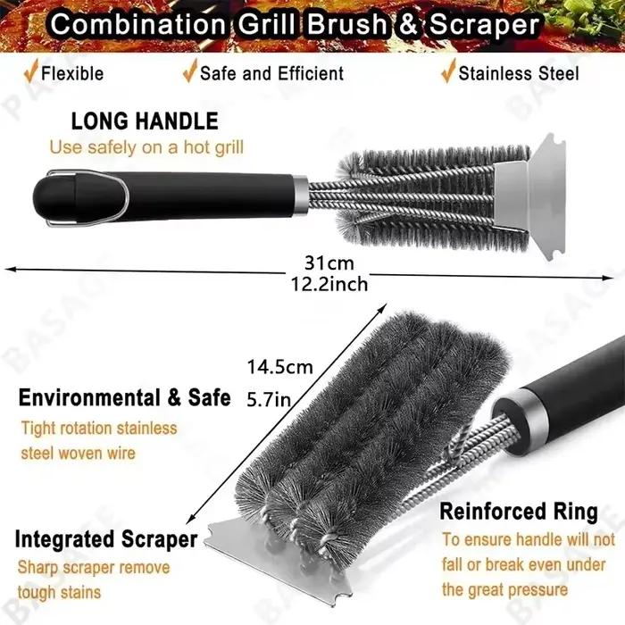 Brosse de nettoyage pour barbecue en acier inoxydable - Brosse à fil multi-usages pour grilles de ba