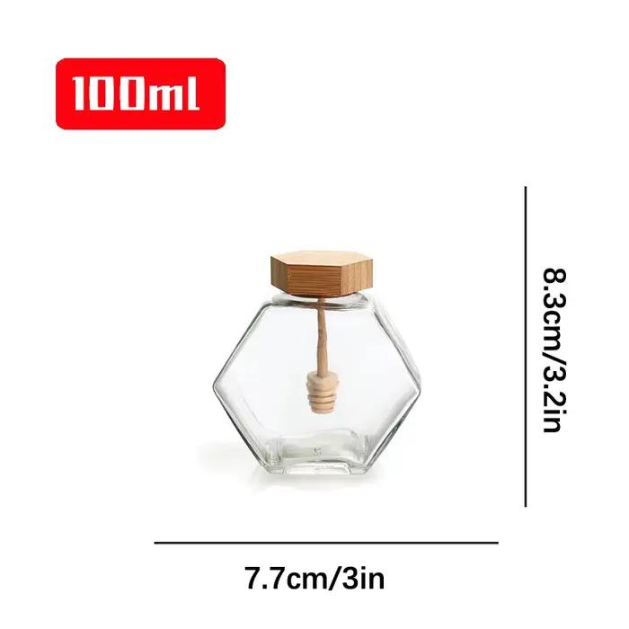 Bouteille de miel en verre hexagonale avec pot en bois, bocal à confiture transparent, arrête, nouve