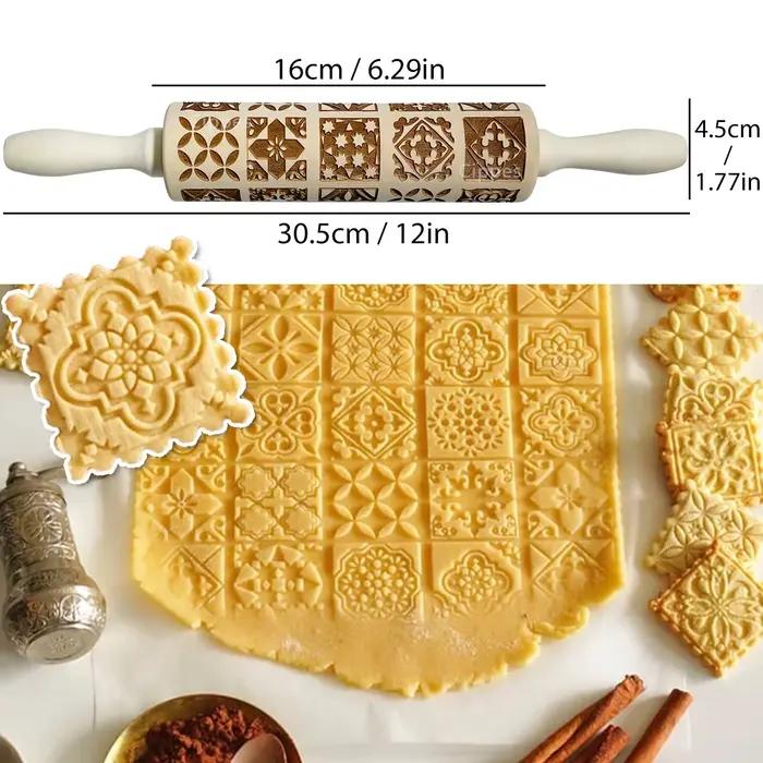 Rouleau à pâtisserie de noël avec motifs de fleurs de renne, moule à biscuits 3D en relief en bois g