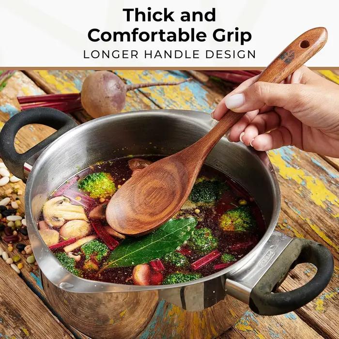 Ensemble d'ustensiles de cuisine en teck naturel - Cuillères de cuisson à prise confortable et support pour ustensiles