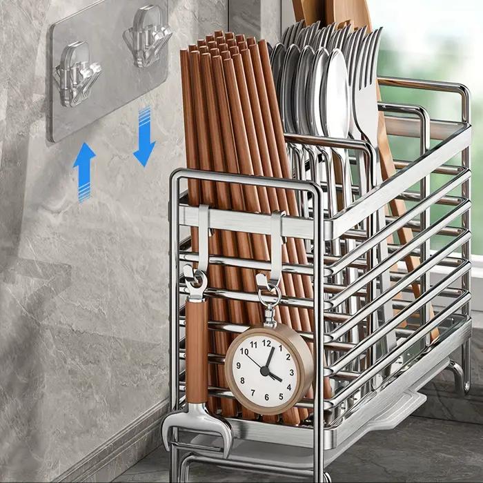 Porte-ustensiles mural sans perçage. Organisateur peu encombrant en acier inoxydable pour couverts de cuisine