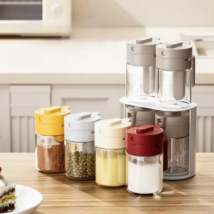 Récipient à sel scellé 2 en 1, conception de verrouillage résistante à l'humidité, bouteille à épices en verre, cuillère séparée, bouteille de tri des épices anti-poussière