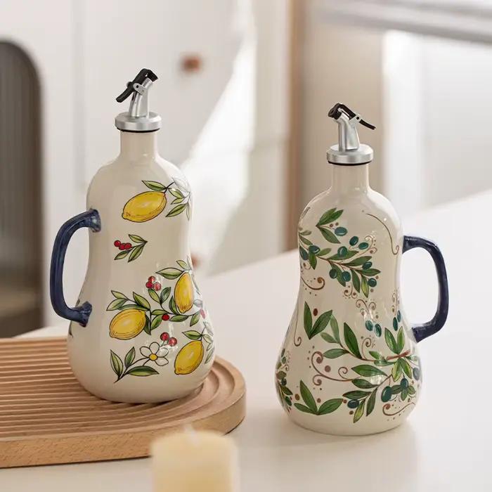 Distributeur d'huile d'olive rétro en céramique gaufrée sous glaçure, récipient de stockage pour huile et vinaigre, accessoire de cuisine