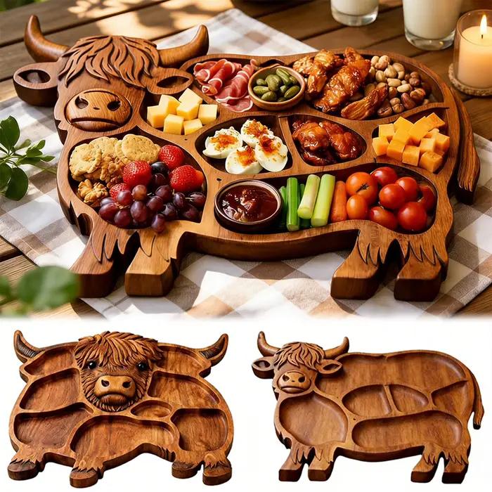 Planche de charcuterie en bois Plateau de fromage de viande de ferme rustique Highland-Cow Design Plateau de service artisanal en bois naturel Prêts de pique-nique