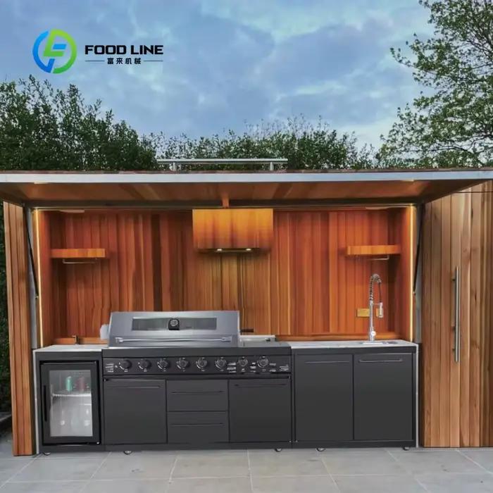 Cuisine extérieure moderne haut de gamme personnalisée, barbecue à gaz 5 brûleurs, évier en acier inoxydable 304, unité de restauration luxueuse pour fêtes de famille