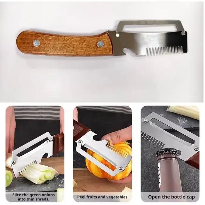 Couteau à éplucher dentelé 2-en-1, éplucheur de légumes et de fruits, râpe, éplucheur multifonction en bois avec ouvre-bouteille, outil de cuisine