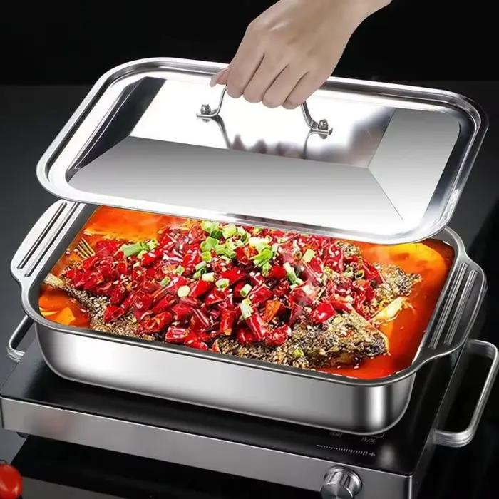Poêle à poisson grillé en acier inoxydable avec couvercle