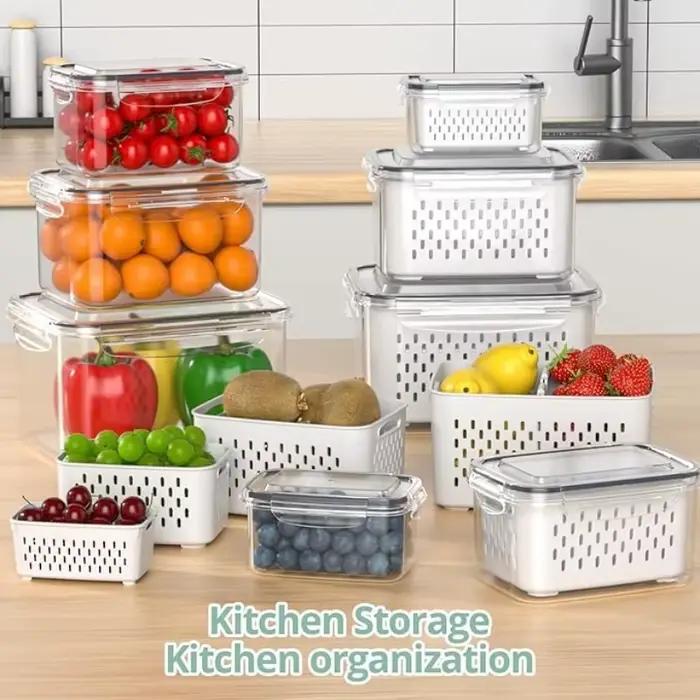 Conteneurs de stockage des aliments 17 pièces pour l'organisation de la cuisine comprenant 7 couvercles, 7 boîtes, 3 paniers de vidange, idéaux pour les Fruits et légumes