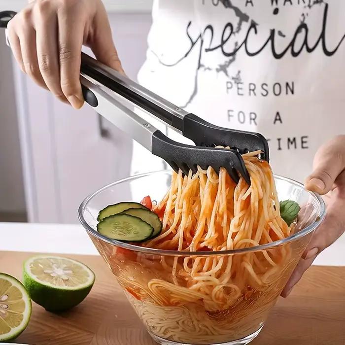 Pinces alimentaires à long manche de 10 pouces pour pâtes, salade et spaghettis, pinces à griller en acier inoxydable avec poignée résistante à la chaleur