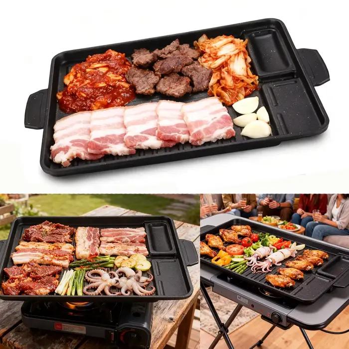 Plaque de barbecue coréenne rectangulaire antiadhésive pour cuisson intérieure et extérieure