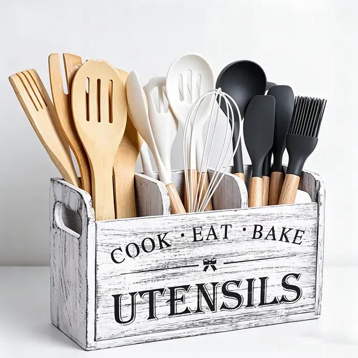 Porte-ustensiles de cuisine en bois rustique - Organisateur à 3 compartiments pour comptoir et mur