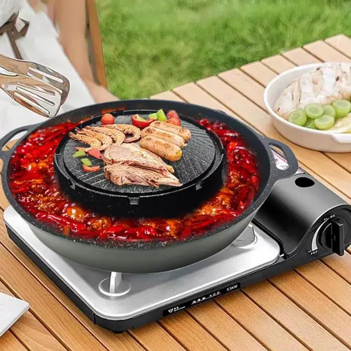 Poêle à Cassette coréenne antiadhésive en alliage d'aluminium, poêle ronde Shabu grillée, marmite avec conception de fuite d'huile pour Camping barbecue