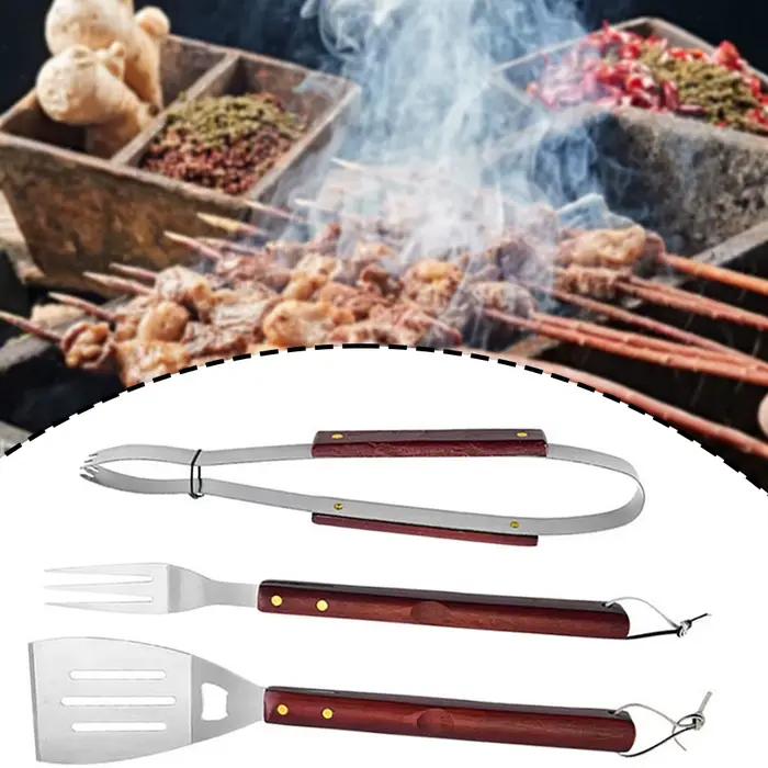 Kit de grillades à manche en bois, accessoires de Barbecue portables en acier inoxydable pour pique-nique