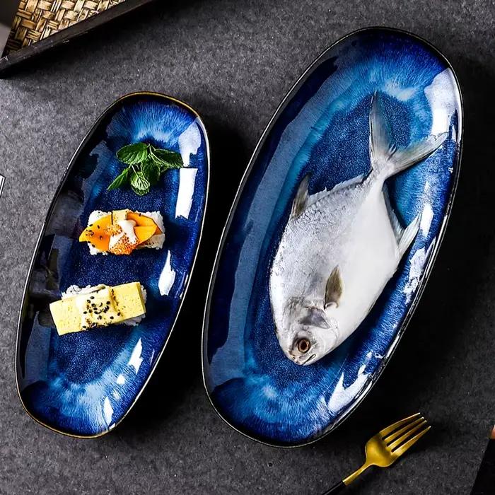 KINGLANG-Assiette Longue Bleue Glacée au Four Japonais, Poisson à la Vapeur Domestique, Grand pio à Sushi Créatif