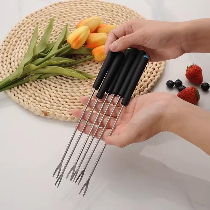 Lot de 6 fourchettes à fondue et à griller, muddler, fourchettes à fruits réutilisables, fourchettes à barbecue, pour trempage, en plastique/bois + acier inoxydable, pour cocktails