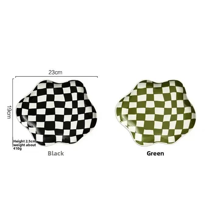 Assiette à dessert et à pâtisserie à motif nuage irrégulier, vaisselle design noir, blanc et vert à carreaux