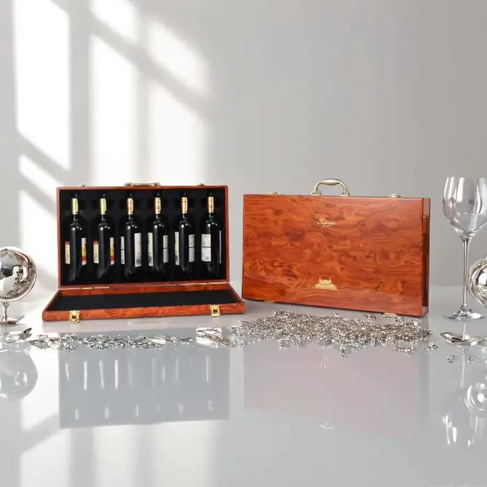 Mallette de transport portative de qualité supérieure pour 6 bouteilles, emballage rouge en bois, rangement élégant et boîte-cadeau pour vin ou liqueur