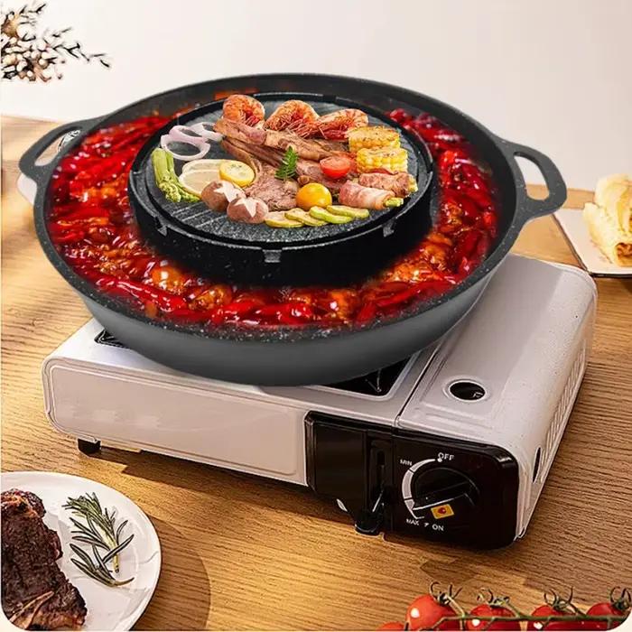 Poêle à Cassette coréenne antiadhésive en alliage d'aluminium, poêle ronde Shabu grillée, marmite avec conception de fuite d'huile pour Camping barbecue