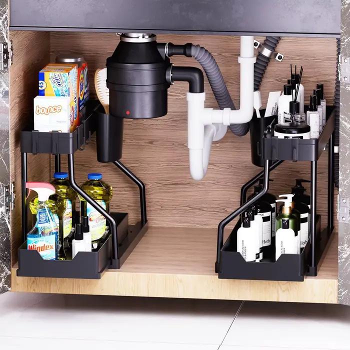 Étagère de rangement de cuisine à double niveau avec tiroirs mobiles pour une organisation pratique et élégante dans la maison et la salle de bain