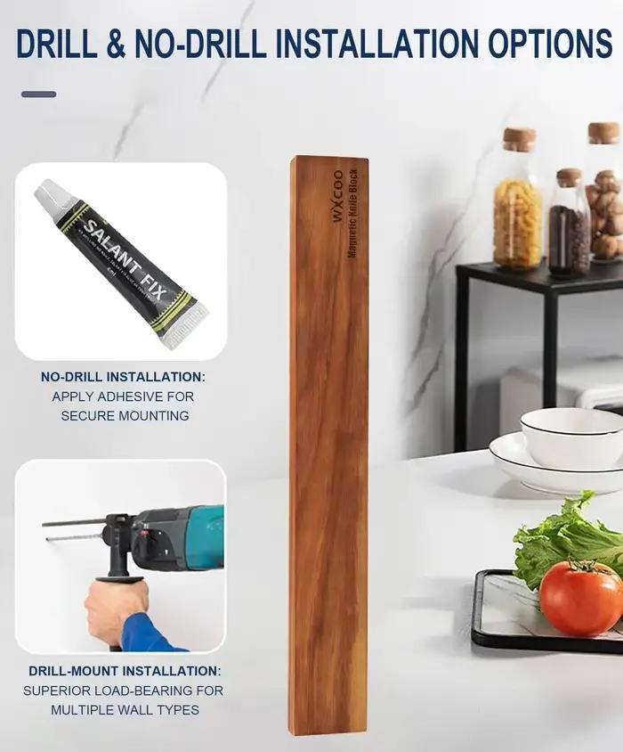 Porte-couteaux magnétique en bois d'acacia élégant pour rangement de couteaux mural sans clou pour cuisine moderne occasions spéciales