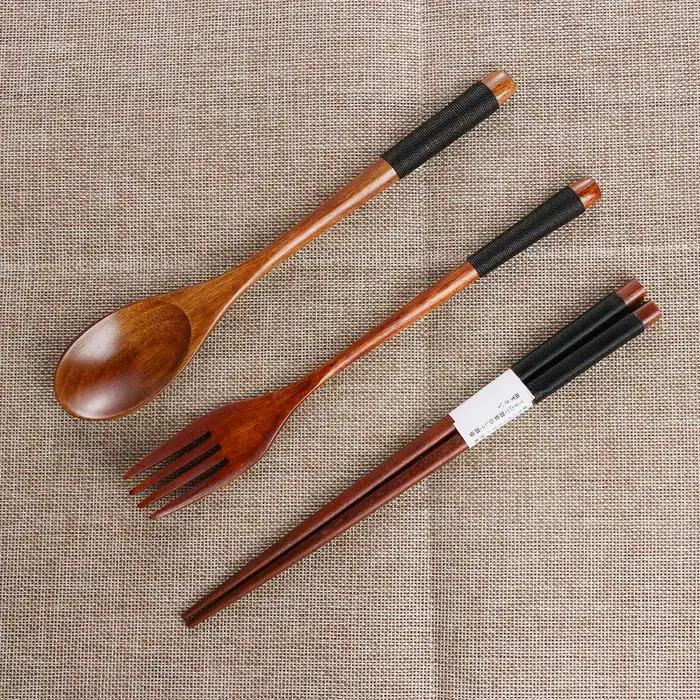 Couverts en bois de Style japonais, cuillères, fourchettes, baguettes, vaisselle Portable, vaisselle de voyage, costume avec paquet de tissu, cadeau d'anniversaire