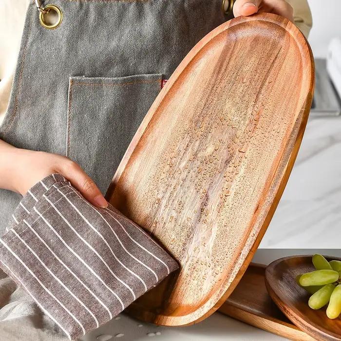 Assiette de service naren bois d'acacia, assiette Deseert, Tenica, Thé naturel, Serveur d'aliments, Plats à cliquetis, Assiette de service alimentaire, 1PC
