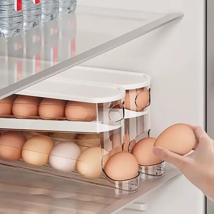 Boîte de rangement d'œufs à glissière automatique, design rabattable, conteneur pour œufs frais, capacité de 12 à 14 œufs, support à œufs peu encombrant pour réfrigérateur de cuisine