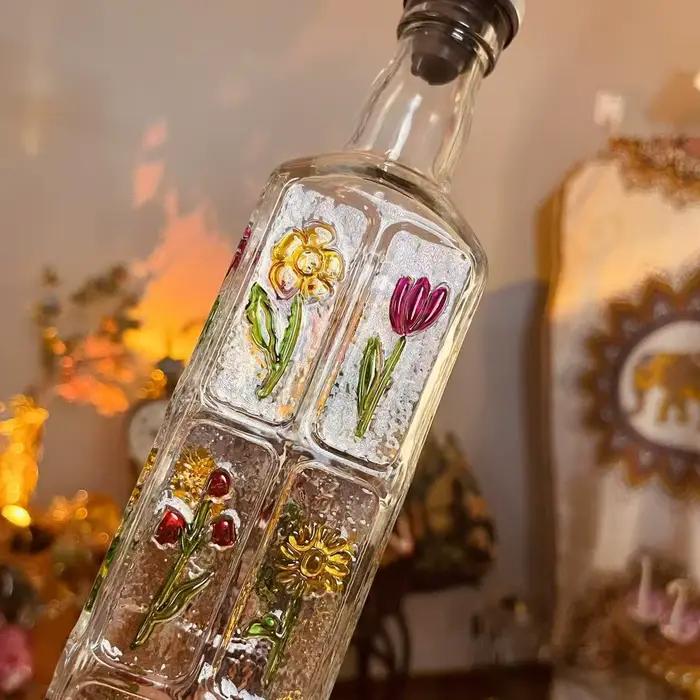 Ensemble de bouteilles d'huile et de vinaigre en Relief peintes à la main