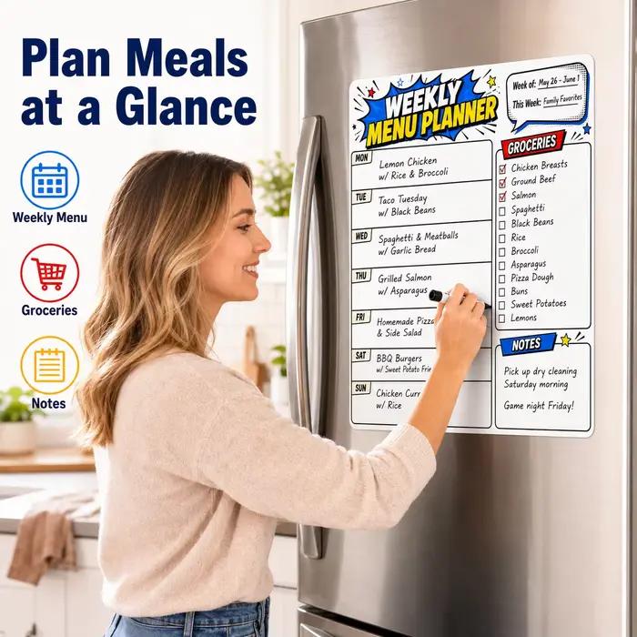 Autocollant de planification de menu hebdomadaire effaçable à sec pour réfrigérateur, avec 1 marqueur effaçable, tableau de planification des repas réutilisable pour la cuisine