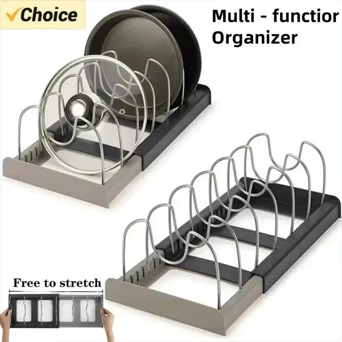 Support de casseroles télescopique à 7 grilles, organisateur de casseroles, support d'armoire peu encombrant pour casseroles, casseroles et couvercles, garde votre cuisine propre et bien rangée, 1 piè